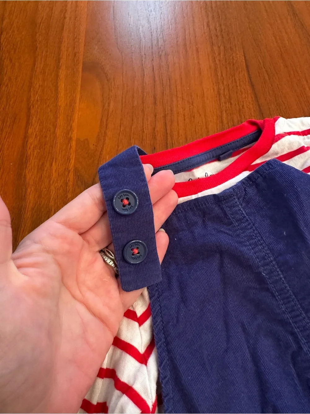 Baby Boden Navy Tractor Corduroy Overalls with Red Stripe Tee -size 12-18 months